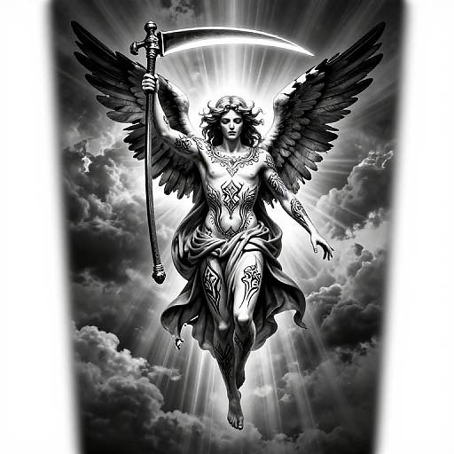 Black-and-white digital drawing of a winged, tattooed angel with curly hair, holding a scythe, emerging from radiant clouds.