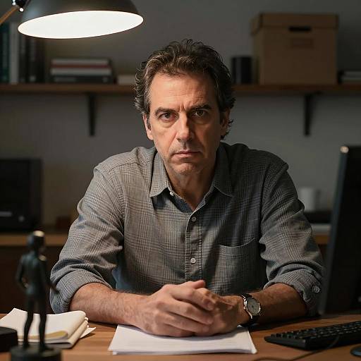 Serious Middle-Aged Man at Cluttered Desk