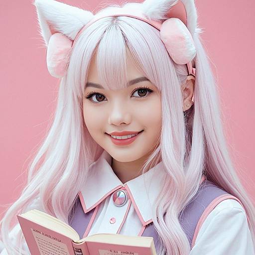 Photograph of an Asian woman with long white hair, cat ears, and pink headbands, smiling while reading a book against a pink background. She