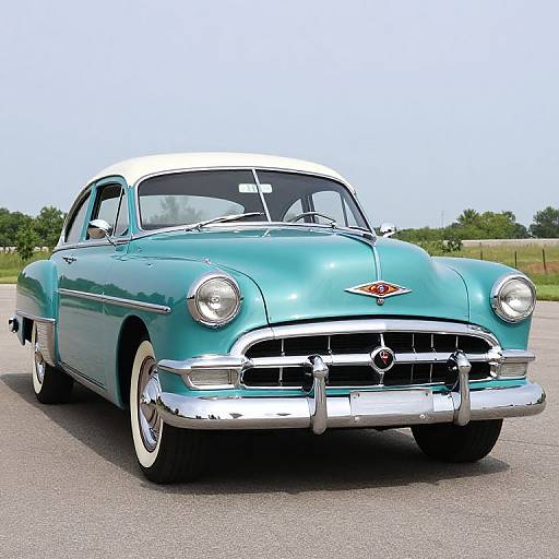 Photograph of a vintage turquoise and white classic car with chrome accents, parked on a sunny asphalt road, green grass and trees in the background.