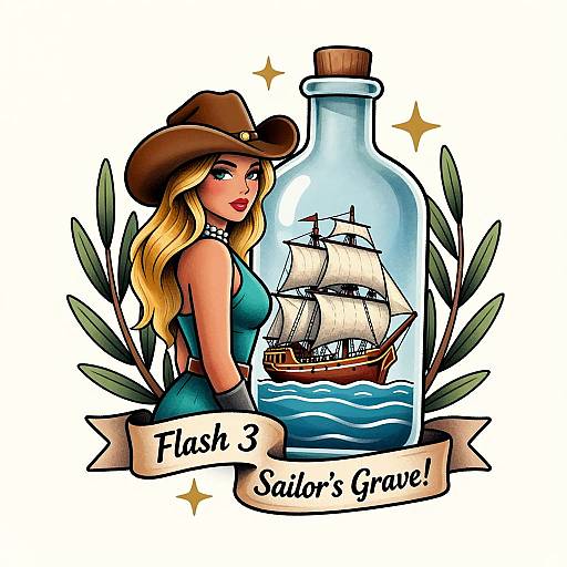 Colorful cartoon: blonde woman in blue dress and brown hat, beside sailing ship in glass bottle, with 