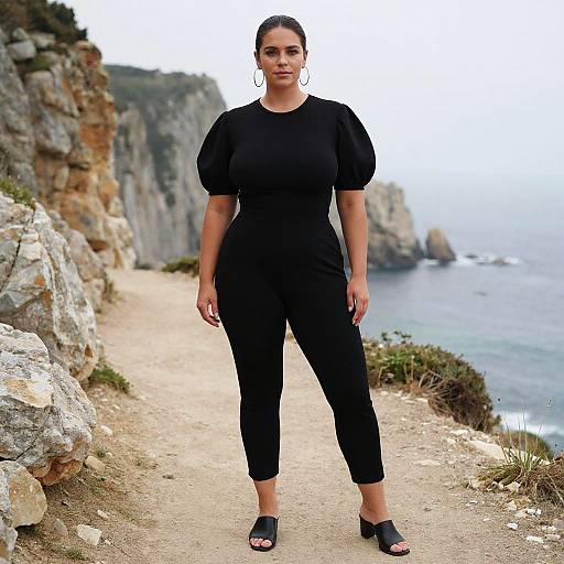 Photograph of a curvy woman with dark hair in a black, short-sleeve, high-waisted jumpsuit standing on a rocky coastal