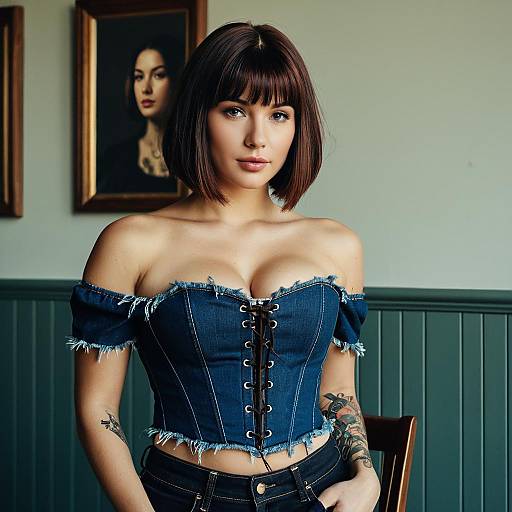 Woman in Off-Shoulder Denim Corset