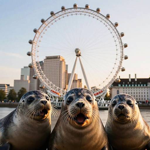 Photograph of three curious seals in the foreground with a large Ferris wheel and city skyline in the background at sunset.
