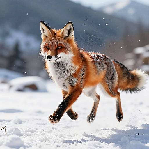 Photograph of a vibrant red fox with white and black fur, walking through a snowy landscape with blurred, mountainous background. Snowflakes falling around