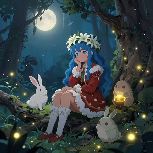 Anime-style illustration of a blue-haired girl in a red fur-trimmed dress, sitting in a moonlit forest with glowing fireflies, two white