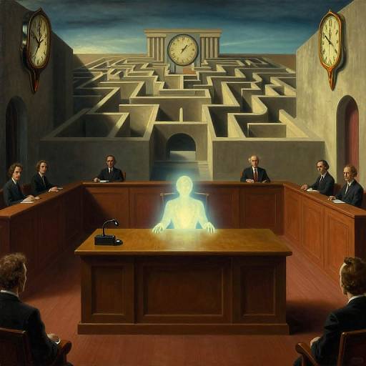 Digital art: A glowing, ghostly figure sits at a wooden desk in a surreal, clock-walled courtroom, surrounded by seven seated, formal-d