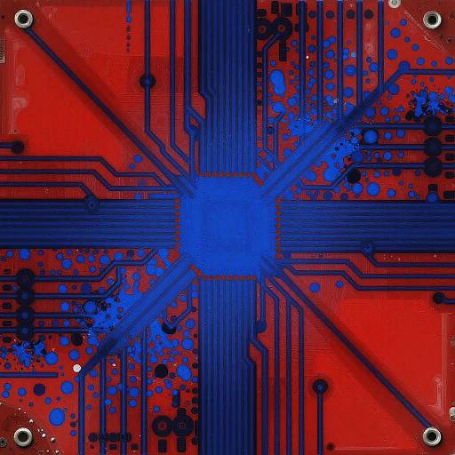 Digital abstract artwork featuring a blue central circle with black circuit lines radiating, set against a vibrant red background with blue and black splatters.