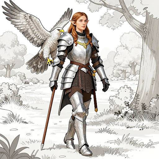 Elven Huntress with Falcon Coloring Page