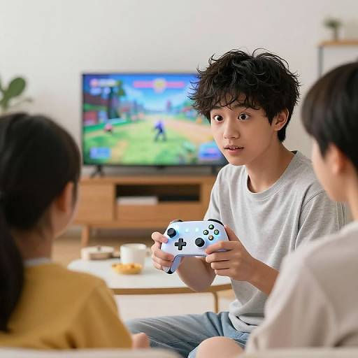 Photograph of an Asian teenage boy with messy black hair, wearing a white shirt, holding a white video game controller, focused on a colorful TV screen