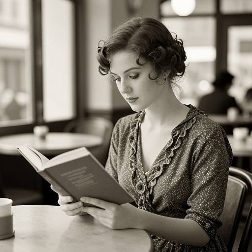 Black-and-white photograph of a young woman with curly hair, wearing a patterned blouse, reading a book in a café. Blurred background features large