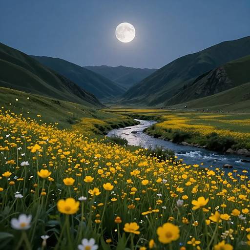 Photograph of a moonlit valley with a glowing full moon, yellow and white wildflowers in the foreground, and a winding river between lush green hills