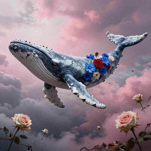 Photograph of a surreal whale sculpture adorned with blue, red, and white flowers, floating against a pink and purple sky with roses in the foreground.