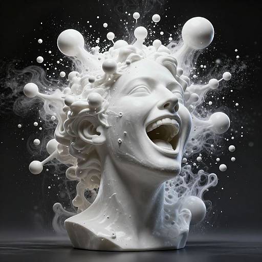 Digital artwork of a white, sculpted human head with an open mouth, surrounded by exploding, floating white bubbles against a dark background.