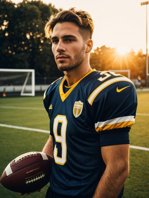 Young Football Player Holding Ball at Sunset
