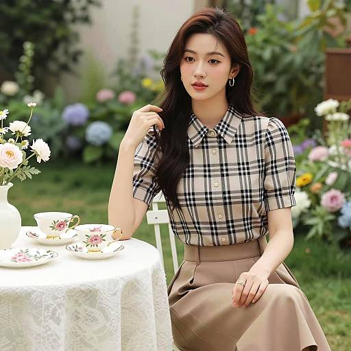 Elegant Woman Enjoying Tea in Garden