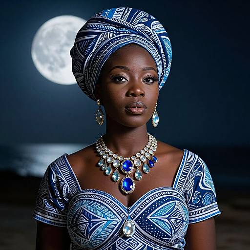 Photograph of a dark-skinned woman with intricate blue and white patterned dress and headwrap, wearing blue and gold jewelry, against a moonlit