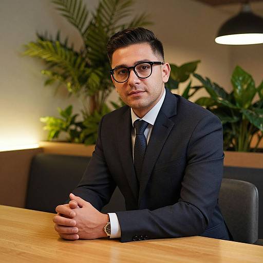 Photograph of a handsome man with short black hair, wearing black-framed glasses, black suit, white shirt, and black tie, sitting at a