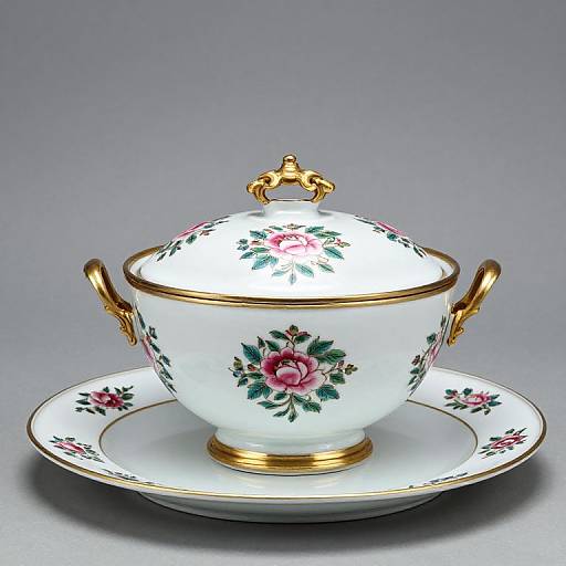 Photograph of an elegant, white porcelain teacup with gold handles and lid, floral pink and green rose patterns, and matching saucer, set
