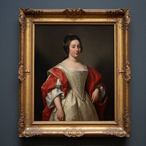 Photograph of an 18th-century oil painting of a woman in a gold patterned dress with a red velvet cloak, framed in an ornate