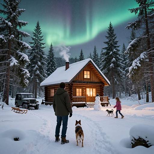 Photograph of a snow-covered wooden cabin at night under vibrant Northern Lights, with a person, dog, and child in winter clothes.