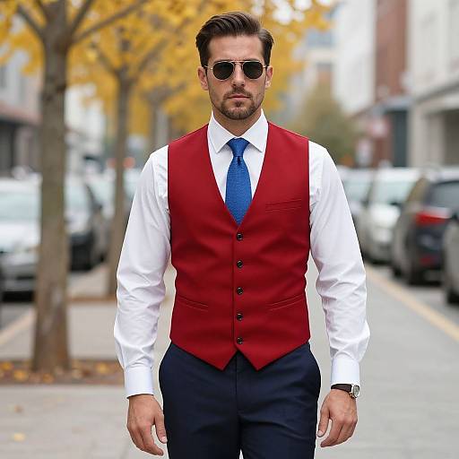 Photograph of a handsome, bearded man with short brown hair, wearing a red vest, white shirt, blue tie, black pants, and sunglasses