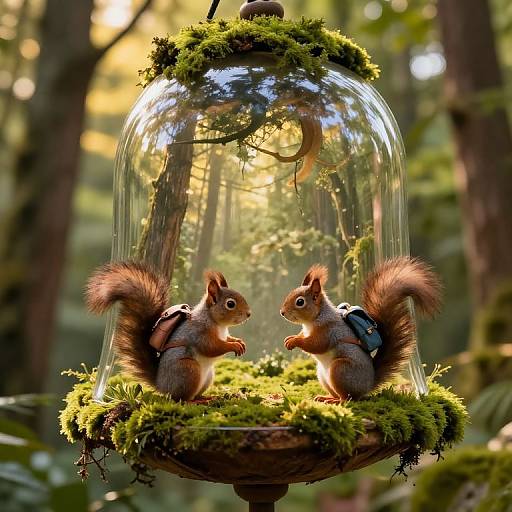 Photograph of two squirrels with backpacks, sitting inside a moss-covered, glass dome bird feeder, in a sunlit forest.