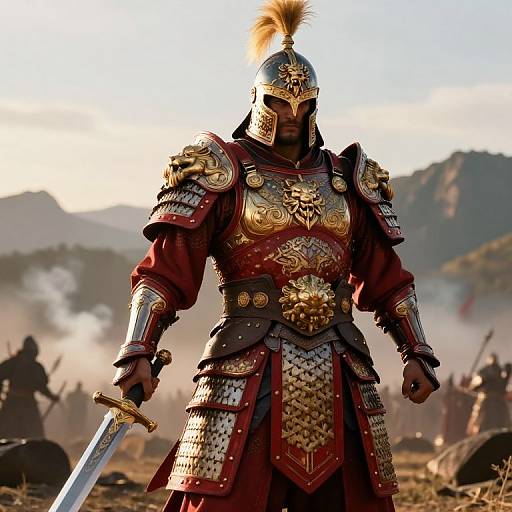 Majestic Red-Gold Warrior in Sunlit Battlefield