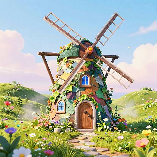 Whimsical, colorful CGI illustration of a fairy-tale windmill covered in vibrant flowers and greenery, set in a sunlit, blooming
