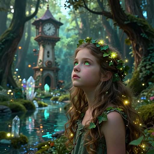 Photorealistic fantasy image of a young girl with green eyes and wavy brown hair, wearing a leaf crown, standing by a glowing forest stream,