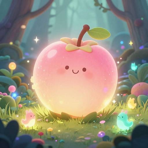Whimsical digital illustration of a glowing, pink, smiling peach with a leafy stem in a magical forest, surrounded by colorful fireflies and fairy