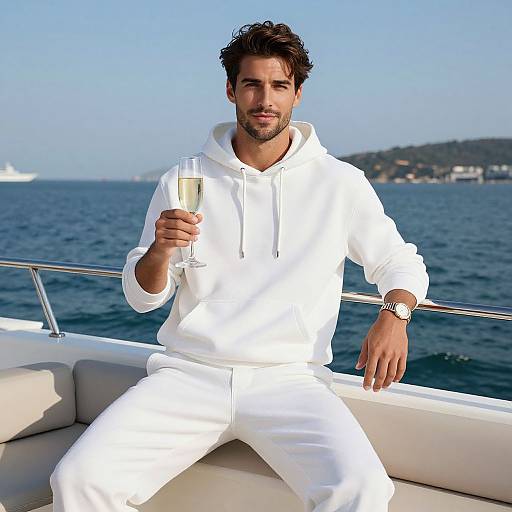Photograph of a handsome, dark-haired man in a white hoodie and pants, holding a champagne glass, seated on a boat, with a clear blue