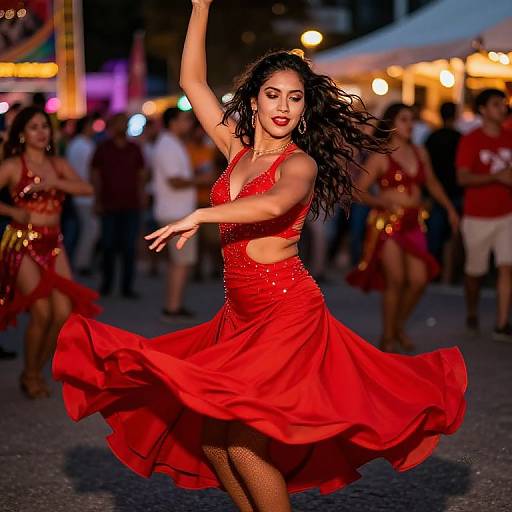 Photograph of a vibrant, dark-haired woman in a red, sparkling, sleeveless dress dancing energetically at night in a lively street festival,