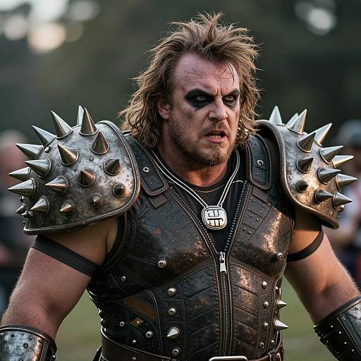 Photograph of a rugged, muscular man with messy brown hair, wearing spiked black leather armor, dark makeup, and a dog tag necklace, standing in