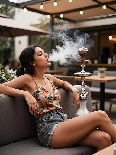 Cozy Terrace Woman Smoking Shisha