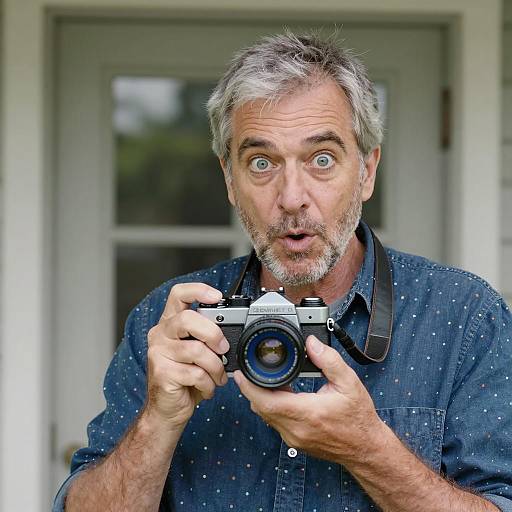 Excited Man with Vintage Camera