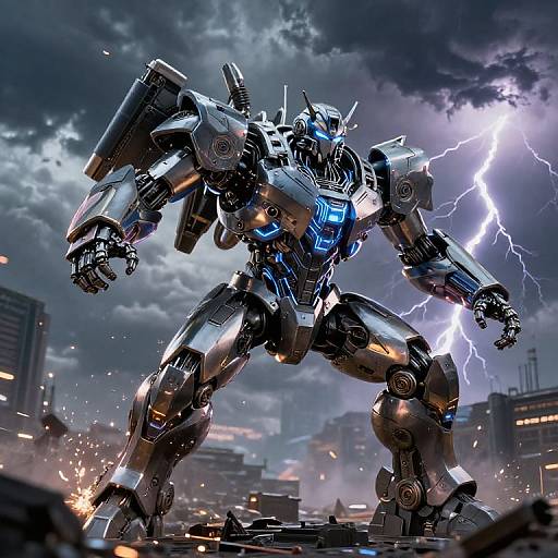 Digital illustration of a silver, blue-accented robotic mecha standing in a cityscape during a lightning storm, with buildings in the background and sparks