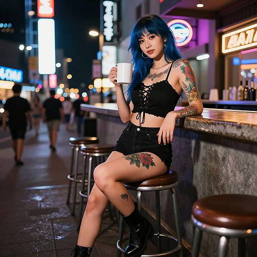 Tattooed woman with blue hair, black lace-up top, shorts, and boots, sits on bar stool, holding white mug, neon-l