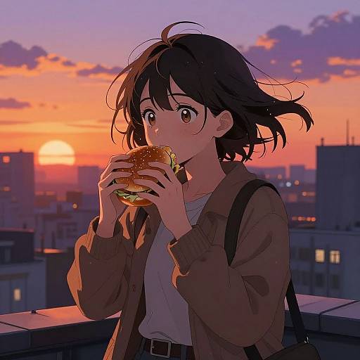 Anime Girl Enjoying Burger at Sunset