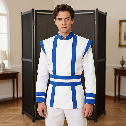 Photograph of a handsome, young man with short, curly dark hair, wearing a white suit with blue stripes, standing in a well-lit,