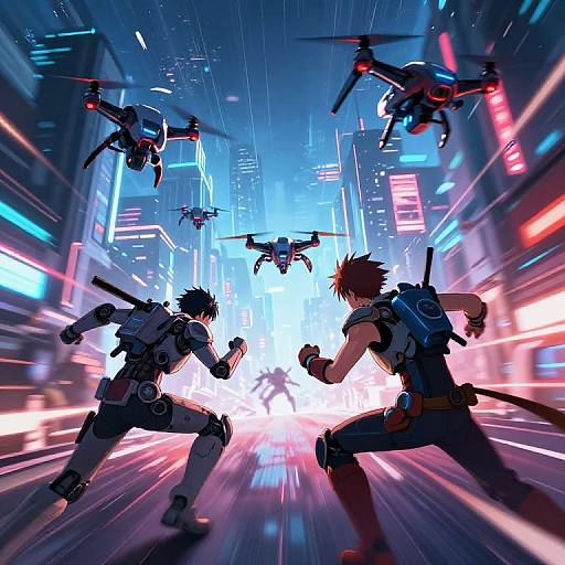 Dynamic anime-style digital artwork of two armored fighters running through a neon-lit, futuristic city with drones flying above. Bright blue and pink lights fill the