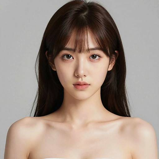 Photograph of a young Asian woman with long black hair, fair skin, and bare shoulders, gazing directly at the camera against a plain light blue