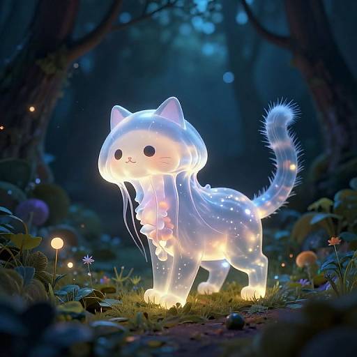 Digital artwork of a glowing, translucent, jellyfish-cat hybrid with whimsical, cute features in a dark, enchanted forest with ethereal lights and mushrooms