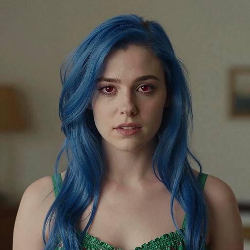 Photograph of a young woman with vibrant blue hair, wearing a green lace-trimmed top, looking intently at the camera. Blurred indoor