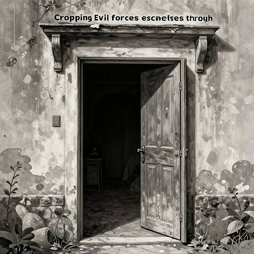 Black-and-white digital drawing of a slightly open wooden door with 