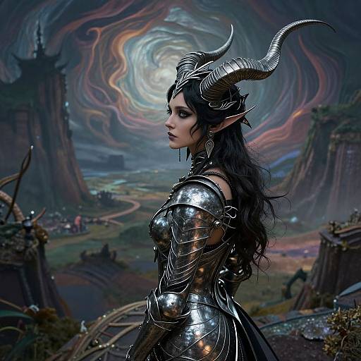 Digital fantasy artwork: Dark-haired, elf woman with silver horns, wearing shiny, reflective armor, stands in a swirling, mystical landscape with ruined towers.