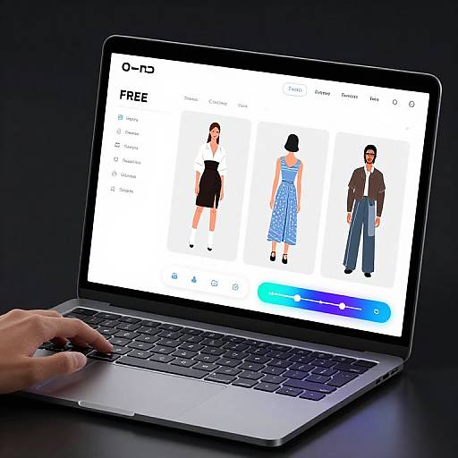 Photograph of a hand typing on a silver laptop displaying an online fashion store with four models in different outfits.