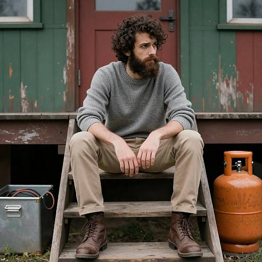 Intense Bearded Man on Wooden Staircase