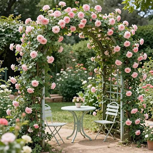 Dreamy Garden Scene with Rose Trellis