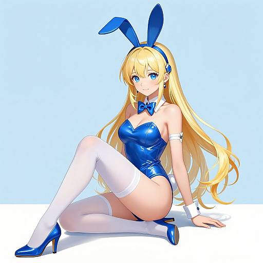 Digital anime-style drawing of a blonde woman with blue eyes, wearing a blue bunny suit, white thigh-high stockings, and blue high heels, sitting on